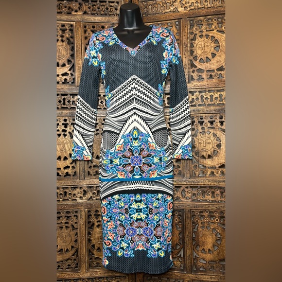 Fire Los Angeles Bodycon Midi Dress Size Small V-Neck Long Sleeve Stretch - Picture 1 of 16